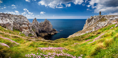 Panorama of Pointe du Pen-Hir with World War Two monument to the Bretons of Free France on the Crozon peninsula, Finistere department, Camaret-sur-Mer, Parc naturel regional d'Armorique. Brittany - obrazy, fototapety, plakaty