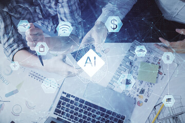 Double exposure of data theme hologram drawing and man and woman working together holding and using a mobile device.