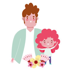 happy fathers day, dad with son love flowers cartoon