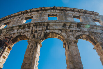 View of Ancient roman amphitheater in the croatian city Pula.