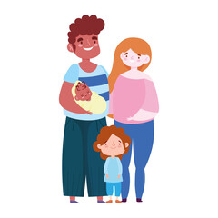 father mother little son and baby character, family day