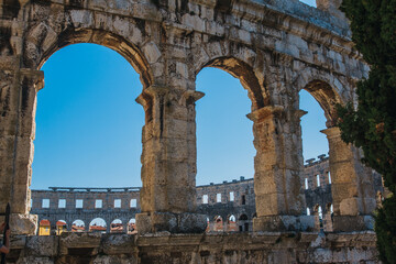 View of Ancient roman amphitheater in the croatian city Pula.