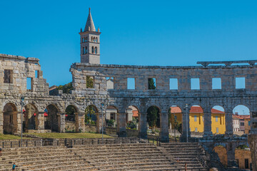 View of Ancient roman amphitheater in the croatian city Pula.