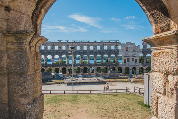 View of Ancient roman amphitheater in the croatian city Pula.