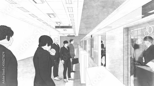 電車 ホーム ドア開く 人有り イラスト76 Airfield Wall Mural Airfie Hiro Studio