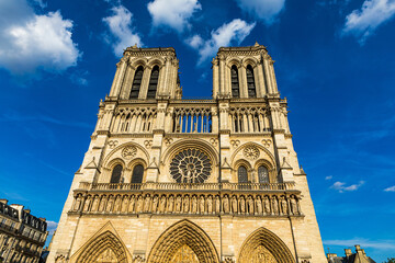 Fototapeta na wymiar Notre Dame de Paris cathedral, France. Notre Dame de Paris Cathedral, most beautiful Cathedral in Paris. Picturesque sunset over Cathedral of Notre Dame de Paris, destroyed in a fire in 2019, Paris.