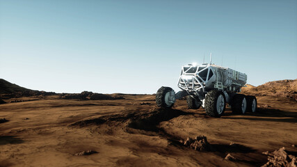 Mars expedition transport, mars rover. Base on alien planet. 3d rendering.