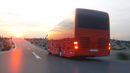 touristic red bus on highway. Fast driving. realistic 3d rendering. © 3D motion