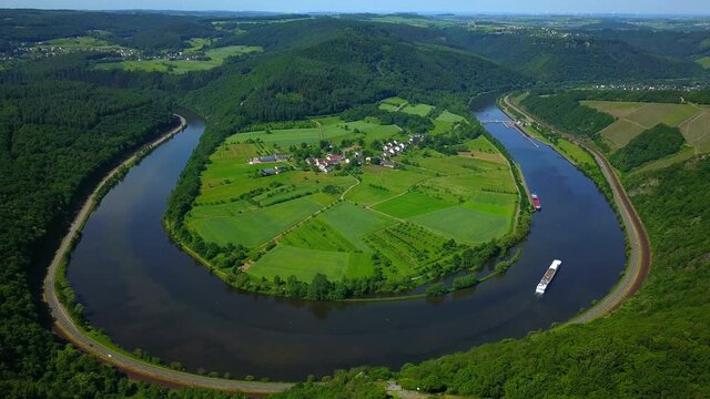 WS AERIAL Landscape with loop of Saar River / Hamm, Saar Valley, Rhineland-Palatinate, Germany