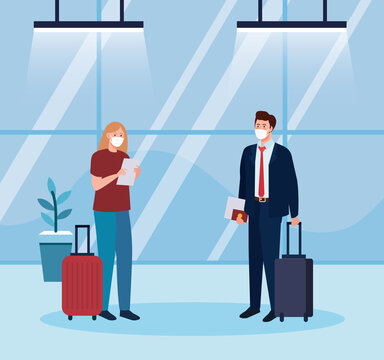 woman and man with medical masks and bags design, Cancelled flights travel and airport theme Vector illustration