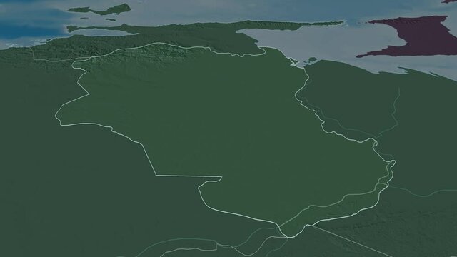Monagas, state with its capital, zoomed and extruded on the administrative map of Venezuela in the conformal Stereographic projection. Animation 3D