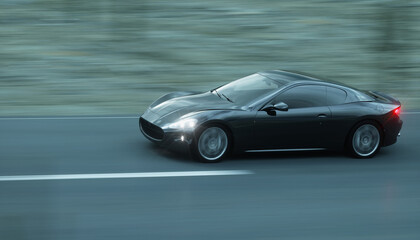 Obraz na płótnie Canvas Black sport car on road, highway. Very fast driving. 3d rendering.