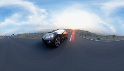 Black sport car on road, highway. Very fast driving. 360 spherical panoramic. 3d rendering.