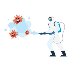 Man with protective suit spraying covid 19 virus cartoons design, Disinfects clean antibacterial and hygiene theme Vector illustration