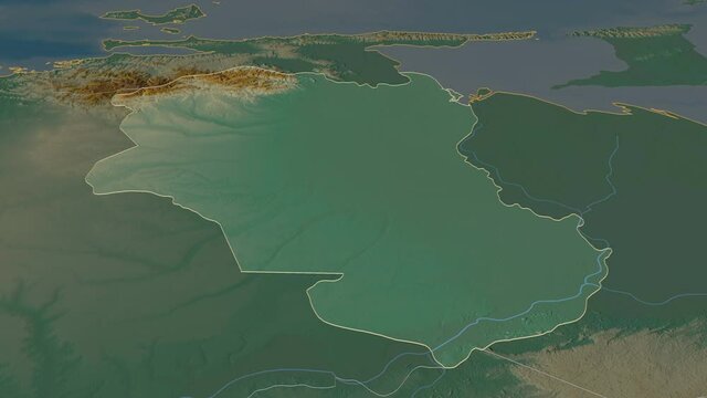 Monagas, state with its capital, zoomed and extruded on the relief map of Venezuela in the conformal Stereographic projection. Animation 3D