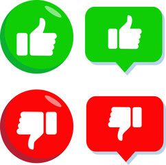 Thumb up and down red and green icons. Vector illustration. I like and dislike round buttons in flat design.