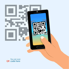 Vector illustration capture QR code on mobile phone. Digital technology, information barcode, symbol electronic scan.