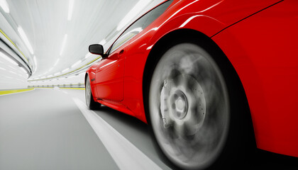 red sport car in a tunnel. fast driving. oil concept. 3d rendering.