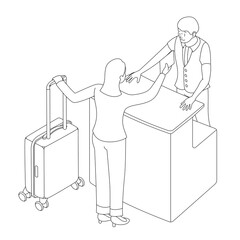 Two people interact near the reception or counter