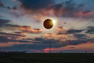 Colorful eclipse of the Sun in clouds sky , apocalypse sunset