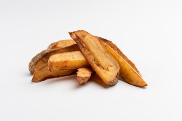 rustic homemade french fries on white background portion os fries potato