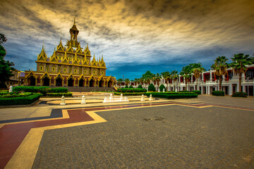 Fototapeta na wymiar The Golden Castle (Prasat Thong Kham) - Uthai Thani: 6 June 2020: Atmosphere within a religious tourist attraction in Wat Tha Sung (Chantaram) in Nam Suem area, Mueang Uthai Thani, Thailand.