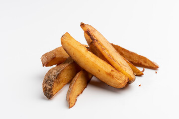 rustic homemade french fries on white background portion os fries potato