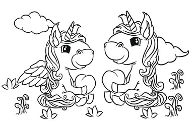 cute little unicorns, relaxing in the fields, coloring books for kids