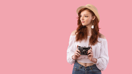 Photographer Girl Holding Retro Photo Camera Over Pink Background, Panorama