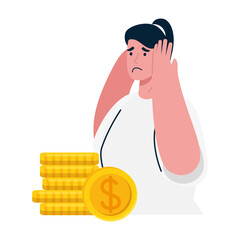 sad woman and coins design of bankruptcy and covid 19 virus theme Vector illustration