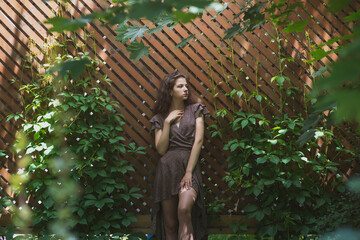 A beautiful, slender girl in a summer sundress poses against a wooden lattice fence with ivy