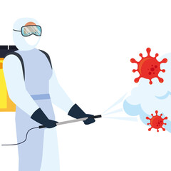 Man with protective suit spraying covid 19 virus design, Disinfects clean antibacterial and hygiene theme Vector illustration