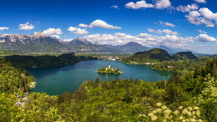 Lake Bled Slovenia. Beautiful mountain lake with small Pilgrimage Church. Most famous Slovenian lake and island Bled with Pilgrimage Church of the Assumption of Maria. Bled, Slovenia, Europe.
