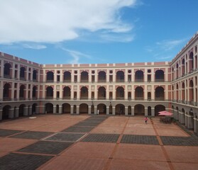 Fototapeta na wymiar large red and black tiled courtyard