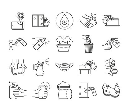 Cleaning Disinfection, Coronavirus Prevention Sanitizer Products Line Style Icons Set