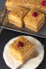 Homemade honey cake and raspberry on plate. Dark backround. Selective focus.