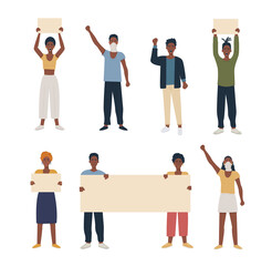 Obraz premium Set of black african american people protesting, manifesting, strike holding banners placard and hand fist raised. Collection of male female characters for march demonstration. Vector flat isolated