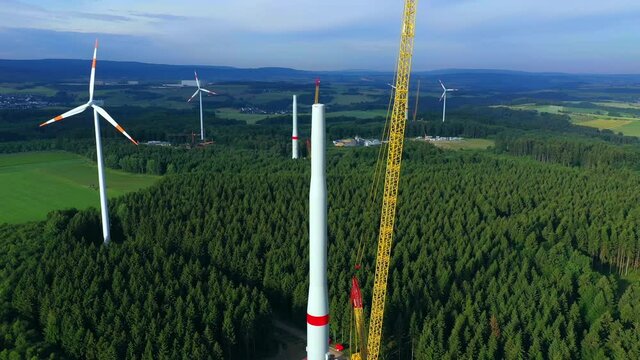 AERIAL WS Wind turbines under construction in Windpark / Morbach, Hunsrueck, Rhineland-Palatinate, Germany