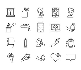 technology devices and coronavirus icon set, line style