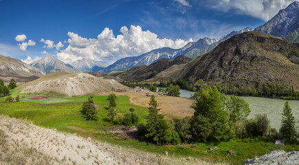 Summer in the Altai Mountains, green grass and forest, picturesque sky. Travel and summer vacation.