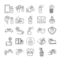 cleaning disinfection, coronavirus prevention sanitizer products line style icons set