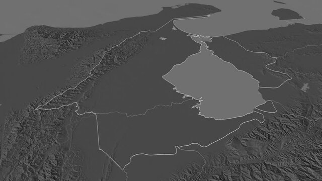 Zulia, state with its capital, zoomed and extruded on the bilevel map of Venezuela in the conformal Stereographic projection. Animation 3D
