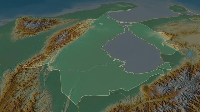 Zulia, state with its capital, zoomed and extruded on the relief map of Venezuela in the conformal Stereographic projection. Animation 3D