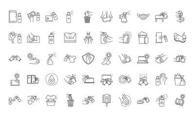 cleaning disinfection, coronavirus prevention sanitizer products line style icons set