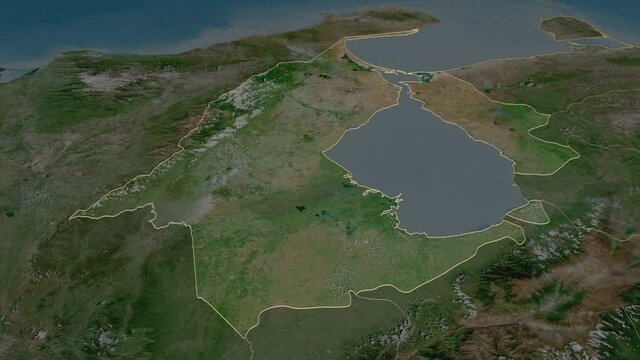 Zulia, state with its capital, zoomed and extruded on the satellite map of Venezuela in the conformal Stereographic projection. Animation 3D
