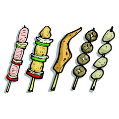 grill foods with skewer, salmon chicken heart and wing, mushroom cartoon object, vector doodle arts