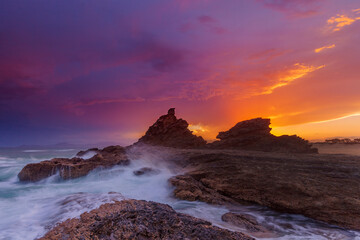 Fototapeta na wymiar Beautiful vivid coloured sunset , over Wellington Rock. Nambucca Heads ,Mid North Coast of N.S.W. Australia.