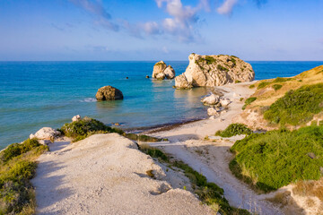 Cyprus. Aphrodite Bay. Aphrodite's rock, the view from the shore of the beach. Petra Tou Romiou....