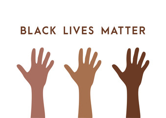 Row of raised hands colored from brown to black with Black lives matter slogan. Anti racism and racial equality and tolerance poster . Vector illustration, social media template on dark background