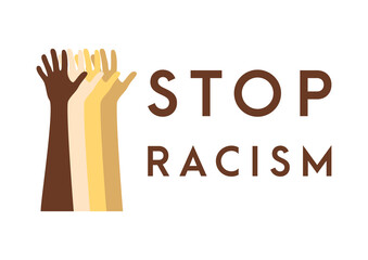 Row of raised hands colored from brown to black with Black lives matter slogan. Anti racism and racial equality and tolerance poster . Vector illustration, social media template on dark background